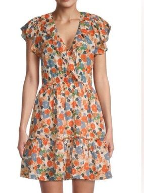 Trovata Floral V-Neck Mini Dress in Orange, Blue & Green